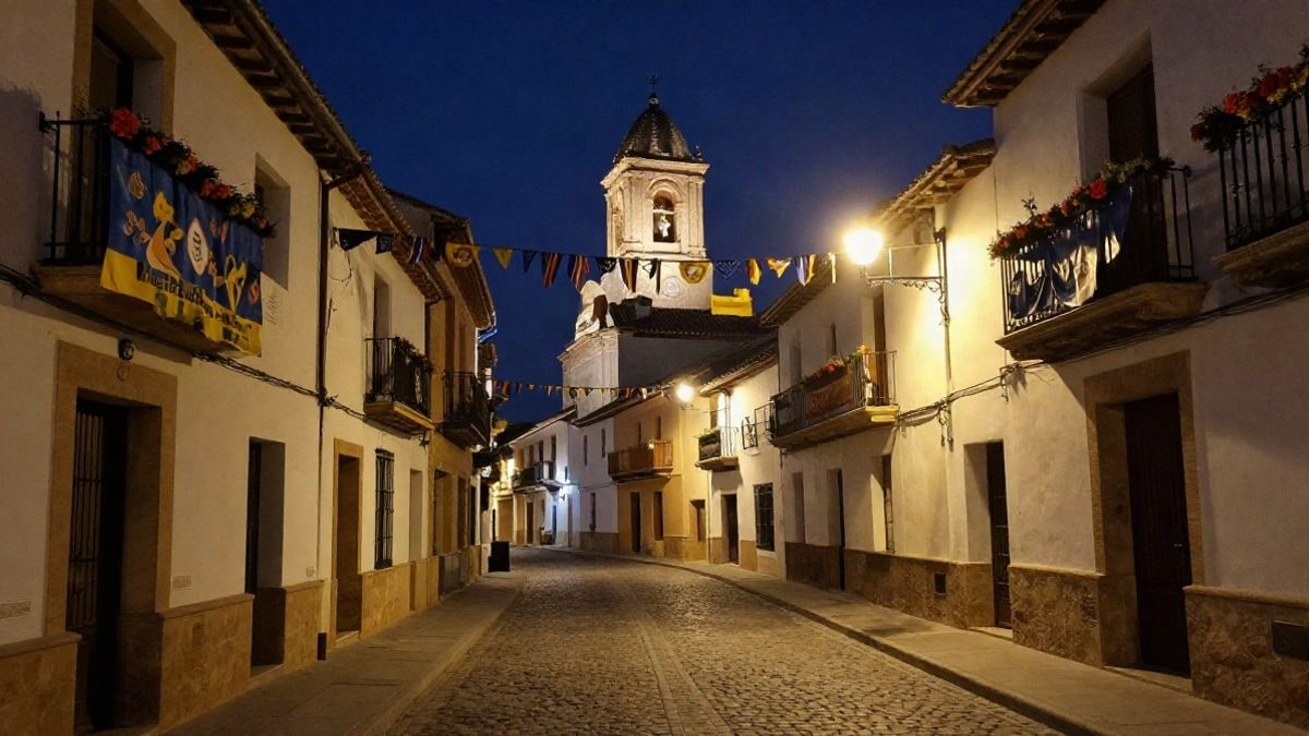 Imagen ilustrativa: calle de un pueblo andaluz engalanada con flores y farolas encendidas al anochecer