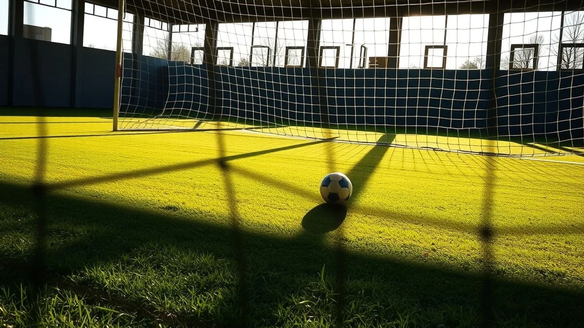Interior de una portería de fútbol con luz de ventana lateral sobre el césped