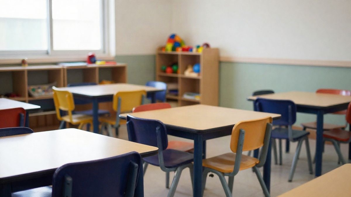 Imagen ilustrativa: aula vacía de una escuela infantil con mesas y sillas pequeñas de colores, iluminada por luz natural de ventana