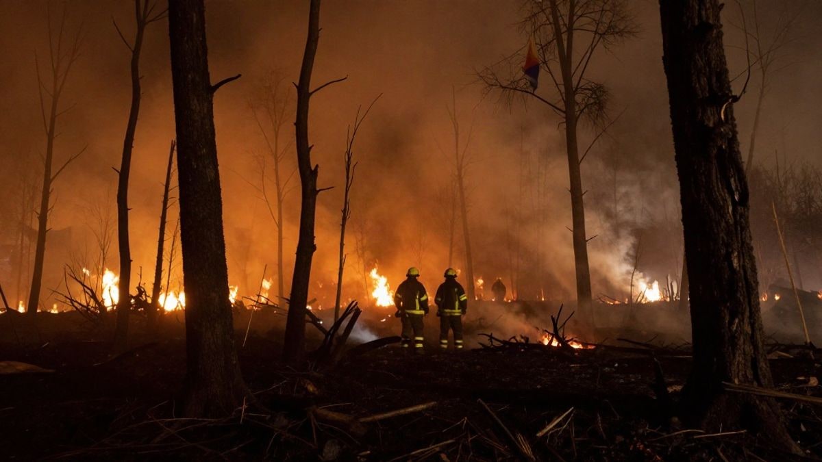 Imagen ilustrativa: árboles calcinados y terreno humeante bajo luz artificial en un paisaje nocturno tras un incendio forestal
