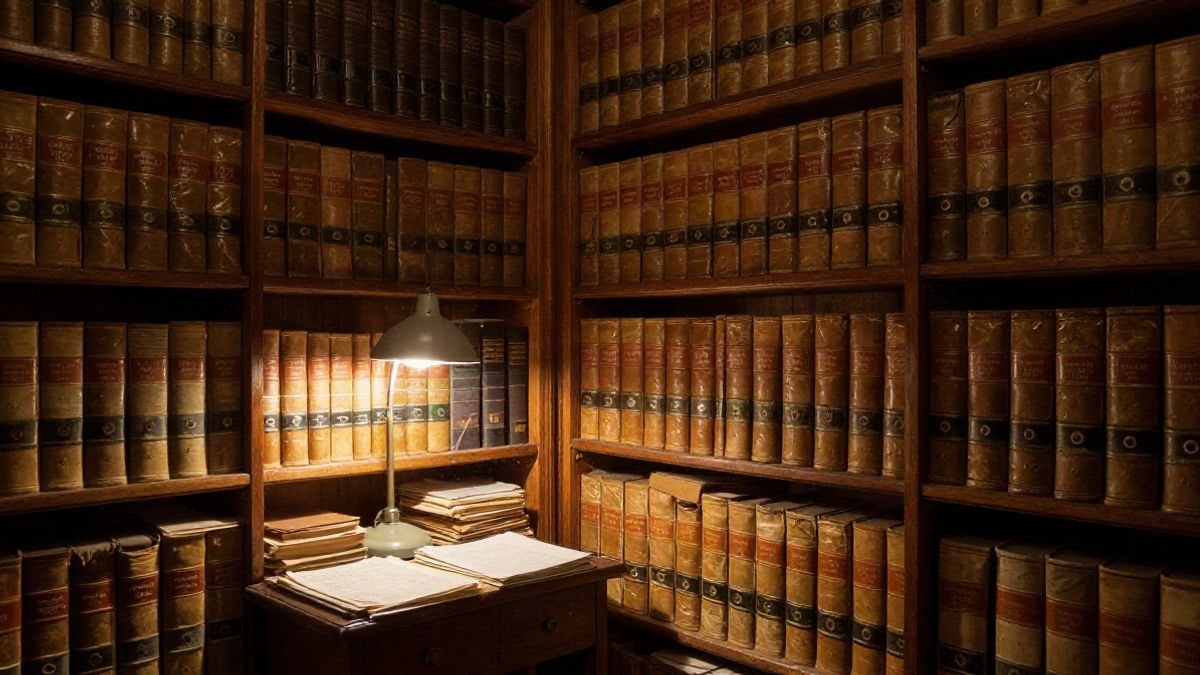 Imagen ilustrativa: un archivo histórico nocturno con estanterías de documentos antiguos iluminados por una lámpara