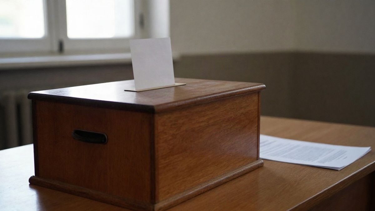 Imagen ilustrativa: urna de madera y papeleta doblada sobre una mesa en un interior genérico
