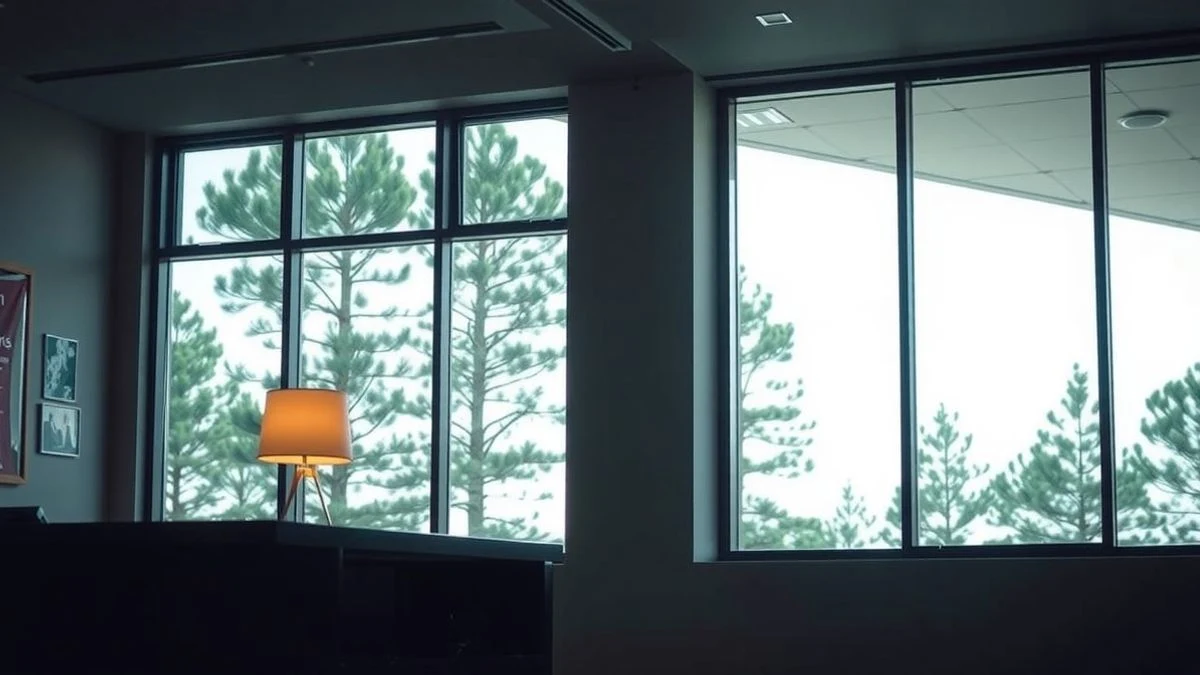 Imagen ilustrativa: interior de un hotel con luz natural de ventana lateral y vista a pinares.