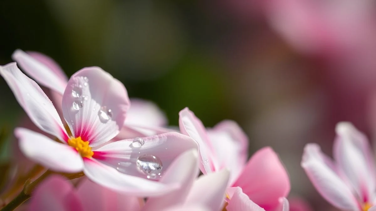 Imagen ilustrativa: primer plano de flores blancas y rosadas con gotas de agua, fondo desenfocado, luz natural suave.