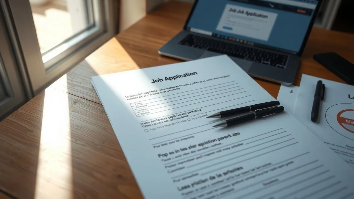 Vista cenital de un formulario de solicitud de empleo sobre una mesa de madera, con un bolígrafo y un portátil mostrando un portal de empleo, luz natural