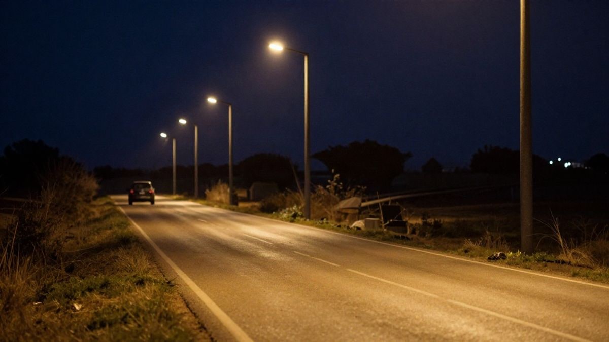 Imagen ilustrativa: carretera rural de noche iluminada por farolas, con un coche oscuro aparcado al fondo y desenfocado