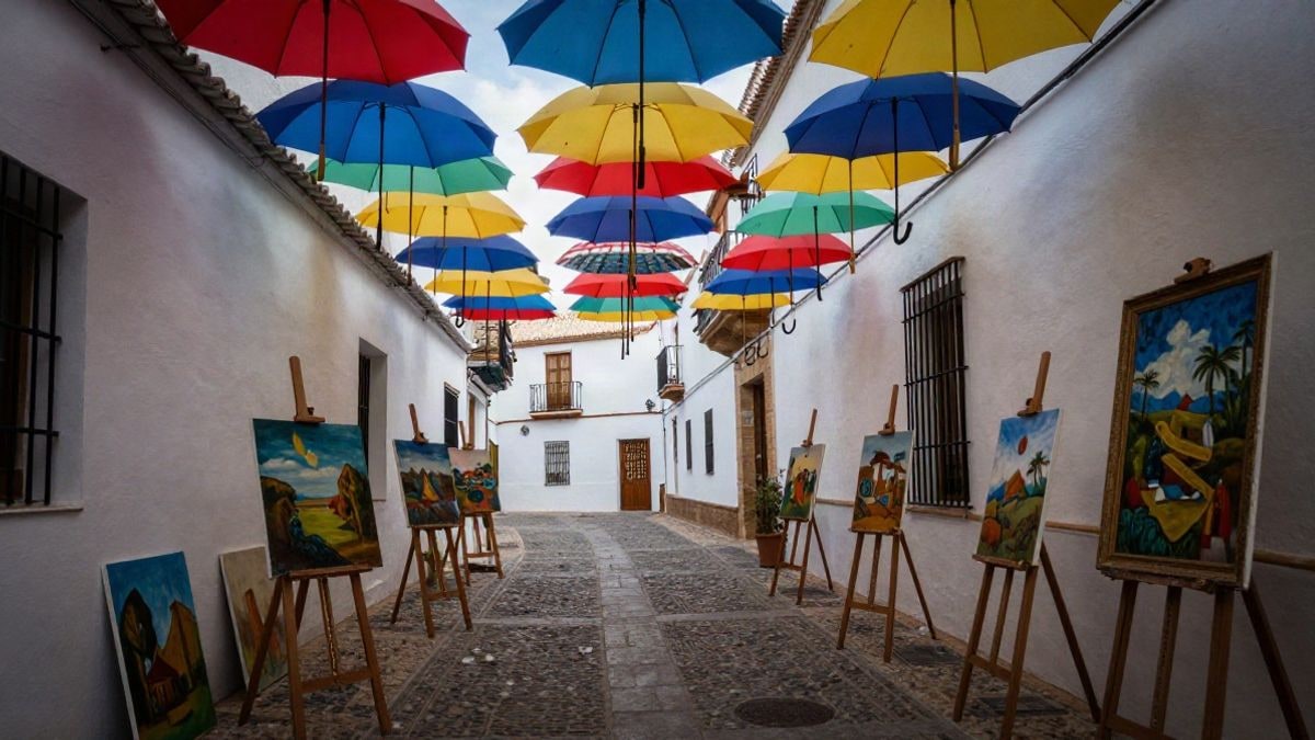 Imagen ilustrativa: calle de un pueblo andaluz engalanada con paraguas de colores y cuadros al aire libre.