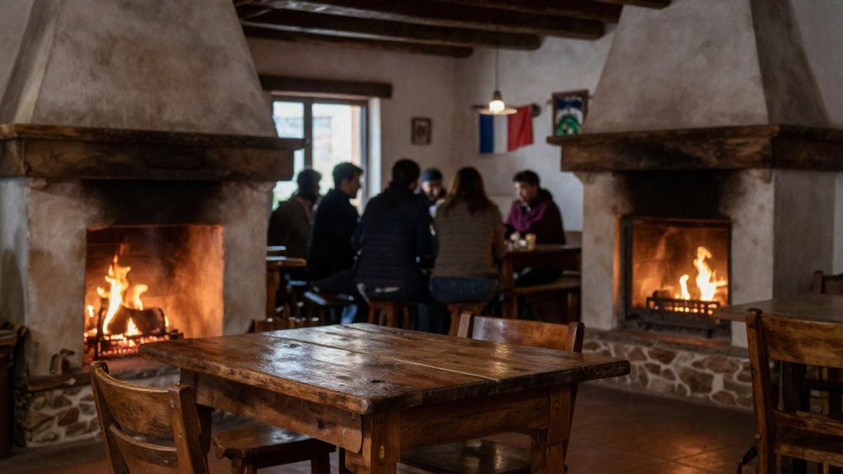 Imagen ilustrativa: interior de una taberna medieval con mesas de madera, chimenea encendida y estanterías con pociones e ingredientes.