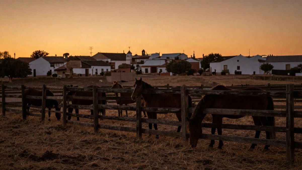 Imagen ilustrativa: corrales de madera con caballos al atardecer en un entorno rural serrano.
