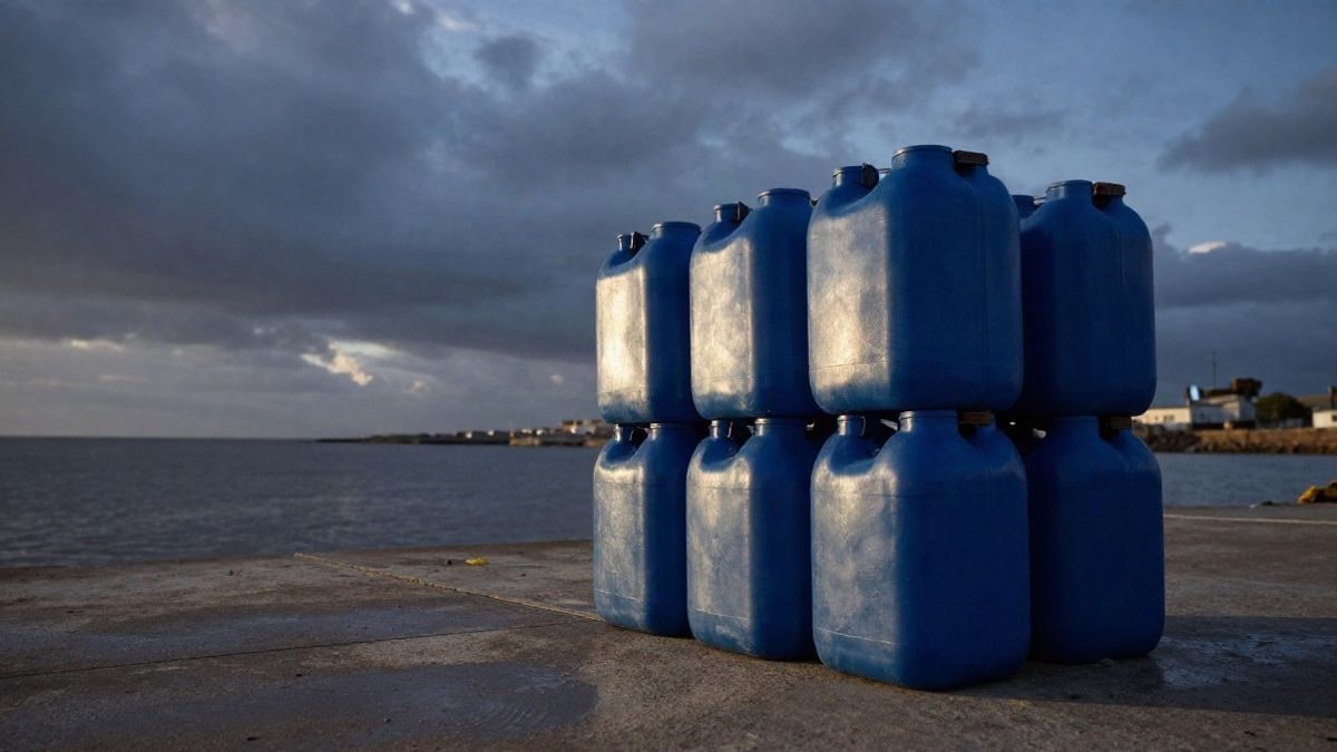 Imagen ilustrativa: bidones de combustible apilados sobre un muelle de hormigón junto a una ría al atardecer