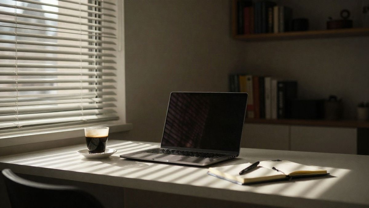 Imagen ilustrativa: escritorio de coworking con portátil y café junto a una ventana con luz lateral