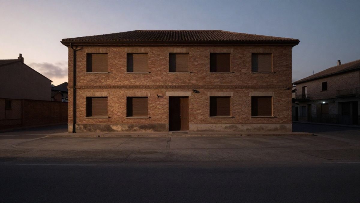 Imagen ilustrativa: fachada de una casa residencial de ladrillo al atardecer con persianas cerradas
