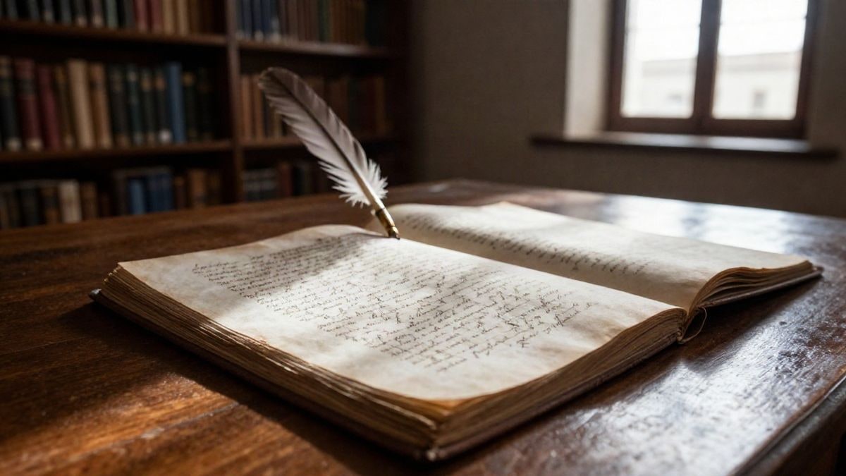 Imagen ilustrativa: una pluma y un manuscrito antiguo sobre una mesa de madera en una biblioteca de convento.