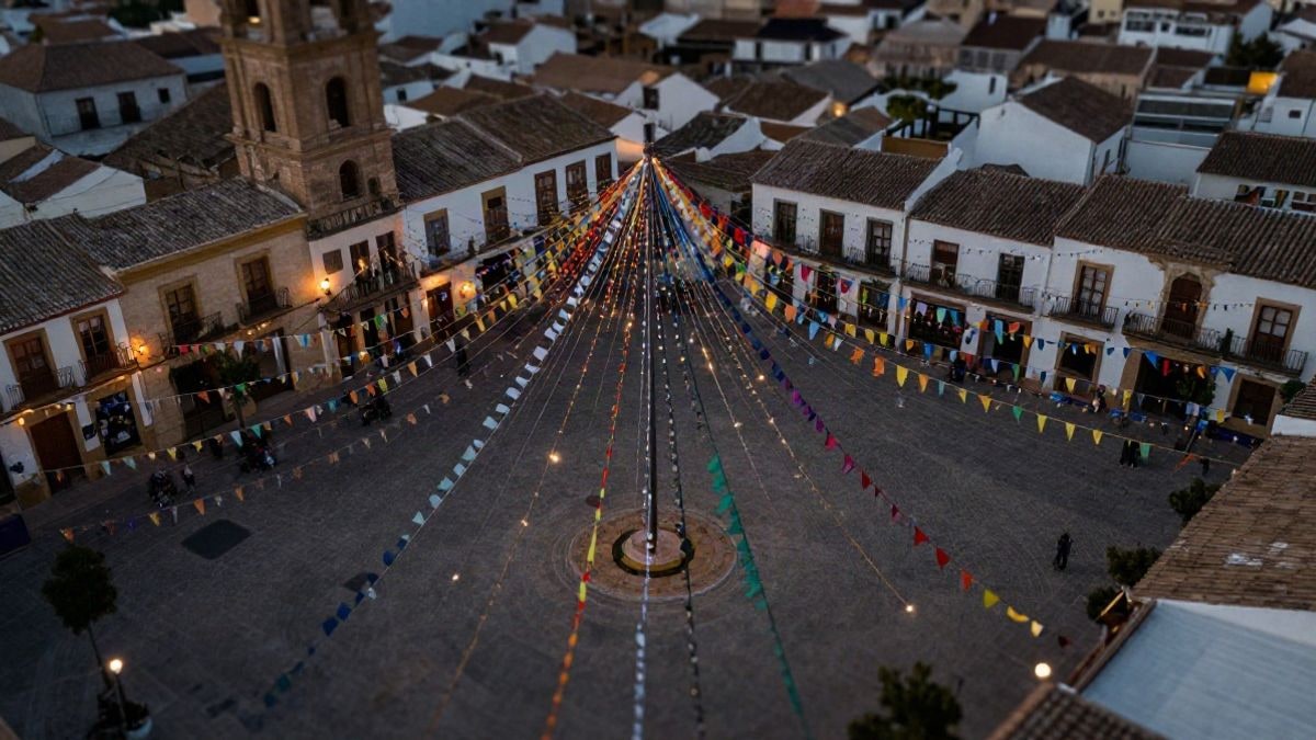 Imagen ilustrativa: vista cenital de una plaza de pueblo engalanada con banderines y luces para unas fiestas patronales