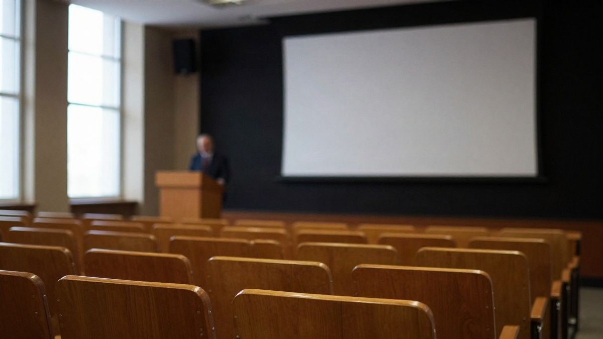 Imagen ilustrativa: un aula universitaria vacía con un atril y una pantalla de proyección al fondo