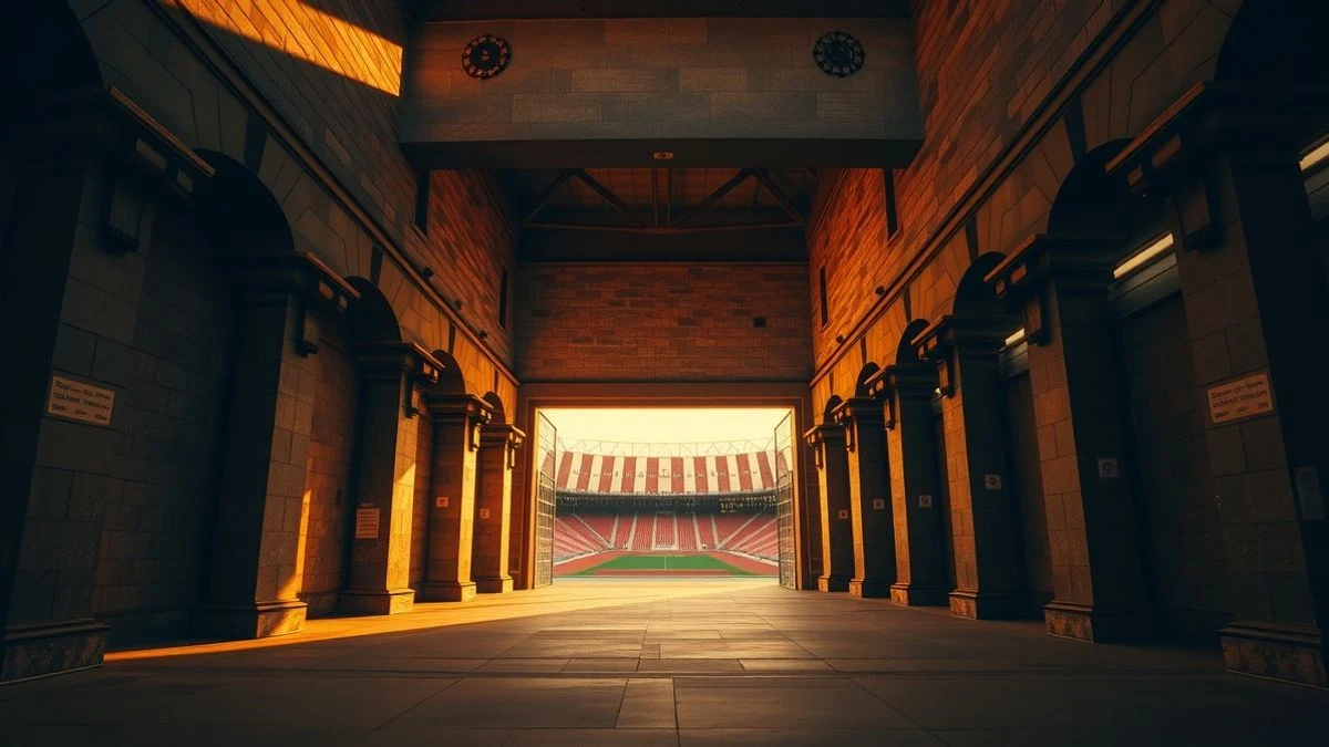 Entrada histórica de un estadio de fútbol con luz de atardecer y sombras largas