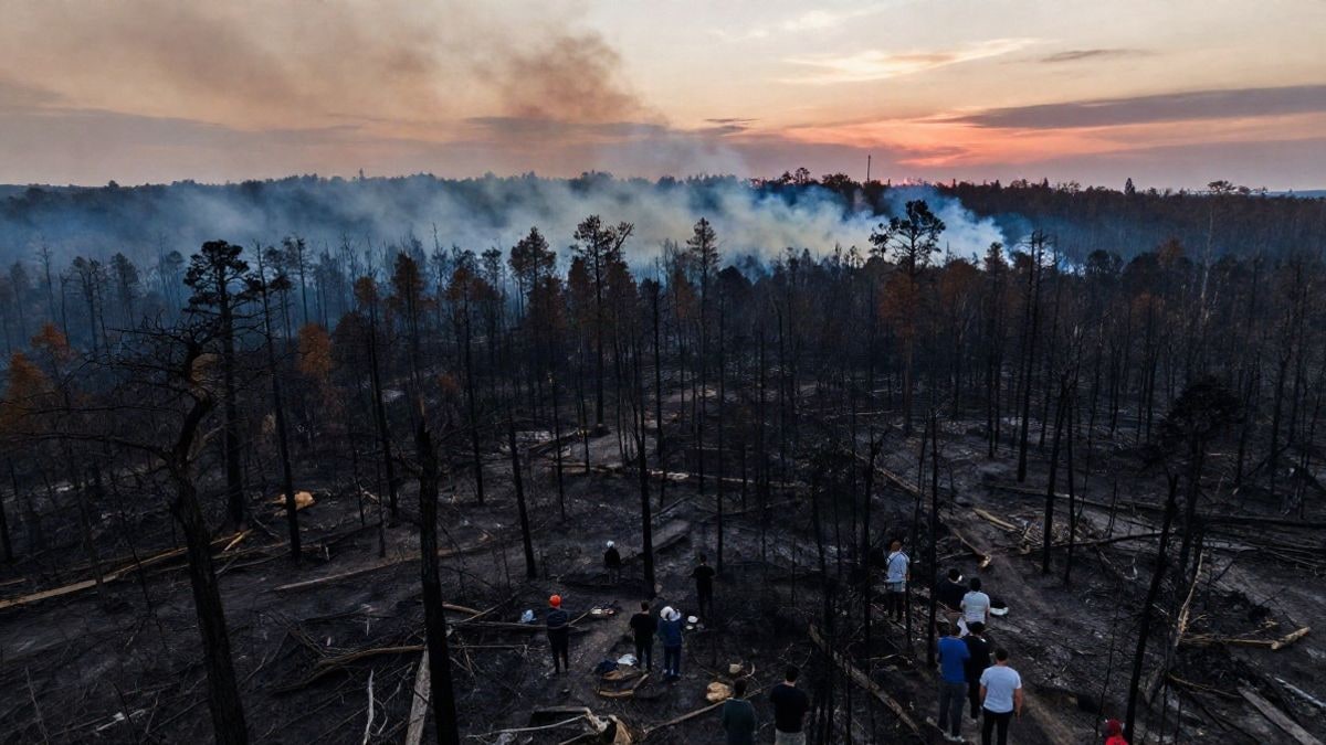 Imagen ilustrativa: vista aérea de una zona forestal calcinada tras un incendio, con humo y un grupo de personas de espaldas en primer plano