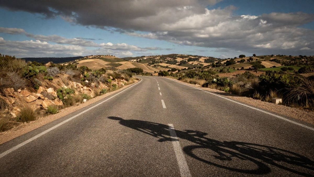 Imagen ilustrativa: carretera vacía entre colinas y dehesas al atardecer, con la sombra de un ciclista proyectada en el asfalto.