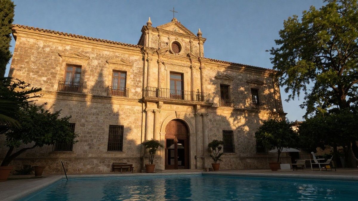 Imagen ilustrativa: fachada de un antiguo convento reconvertido en hotel, con piscina en primer plano y luz de atardecer