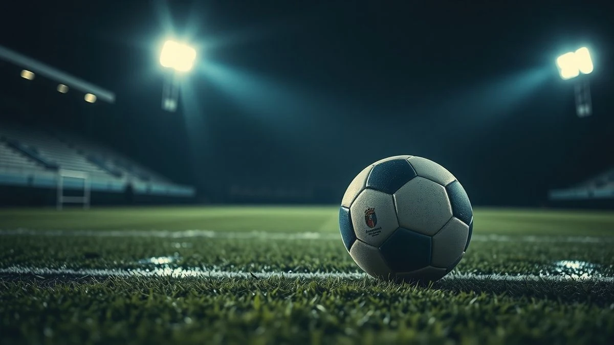 Imagen ilustrativa: un balón de fútbol sobre el césped mojado de un estadio vacío, iluminado por focos nocturnos.