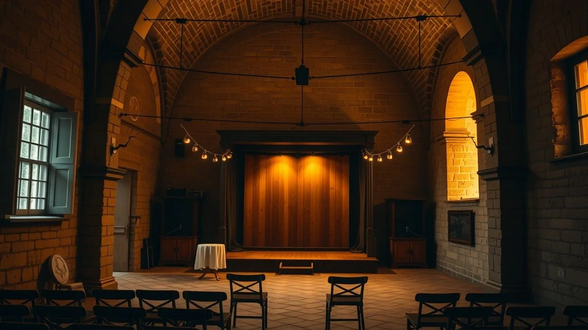 Patio interior de un castillo al atardecer con un escenario de madera y sillas vacías, iluminado por luz cálida