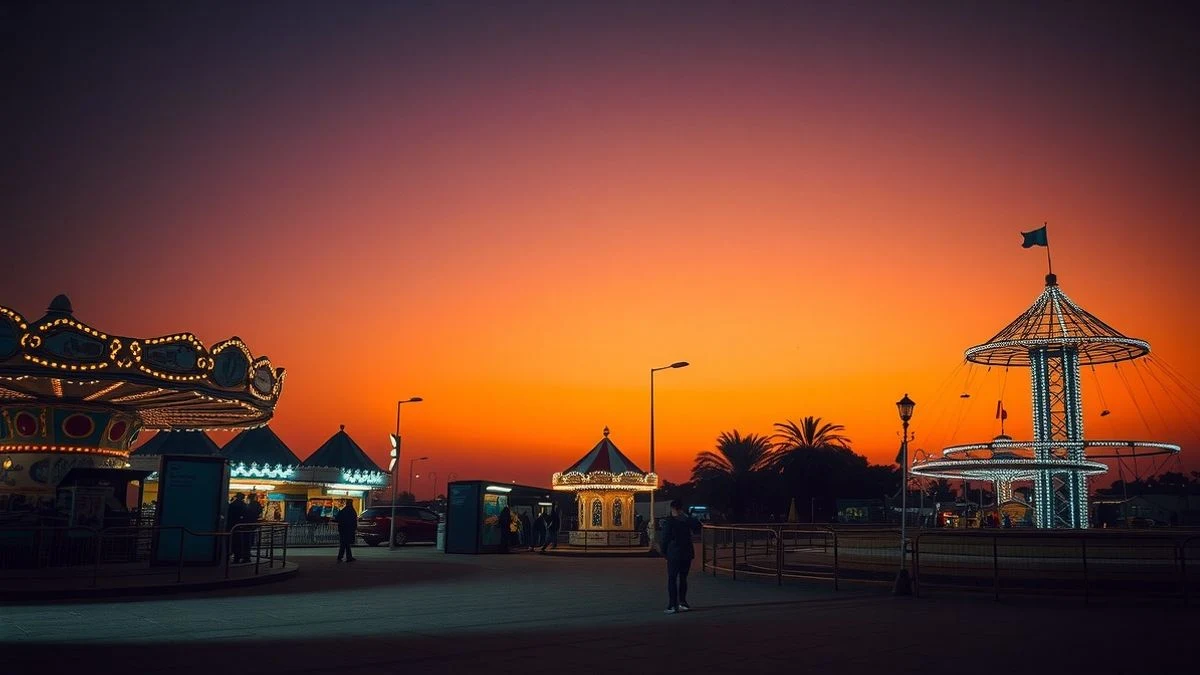 Imagen ilustrativa: un recinto ferial vacío al atardecer con el cielo anaranjado y calima, un único visitante en la lejanía.