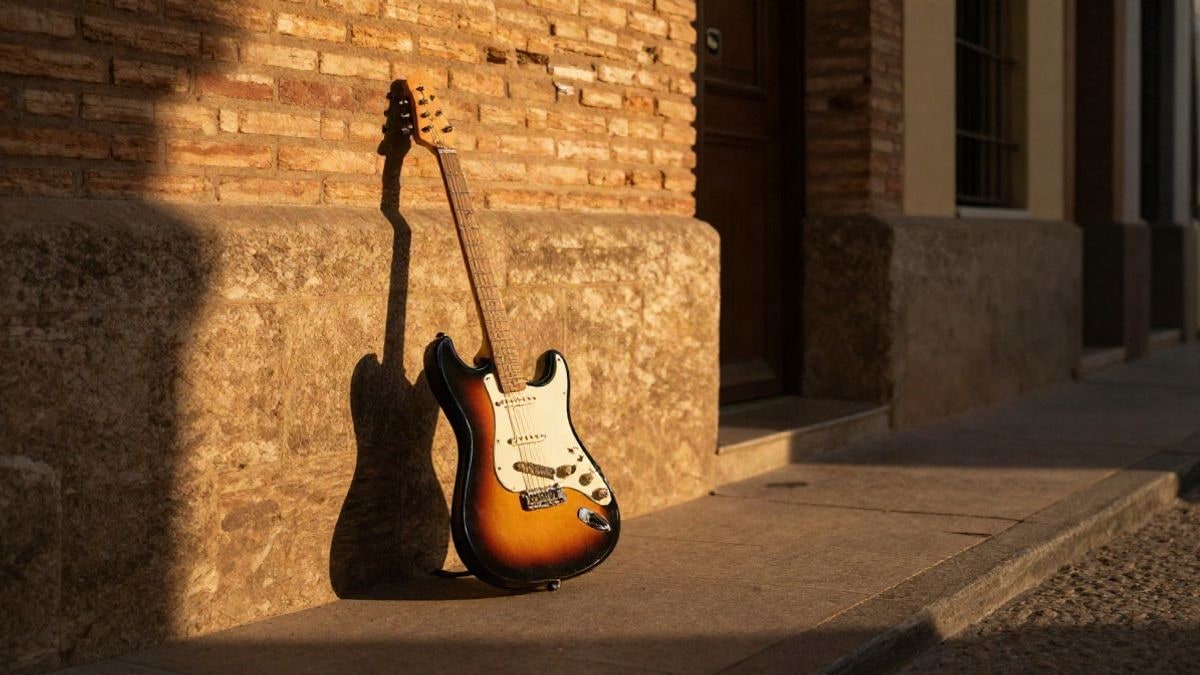 Imagen ilustrativa: guitarra eléctrica vintage apoyada en una pared de ladrillo al atardecer