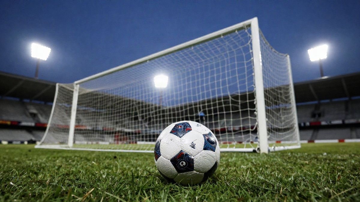 Imagen ilustrativa: ángulo bajo de una portería de fútbol con el balón sobre el césped y focos al fondo