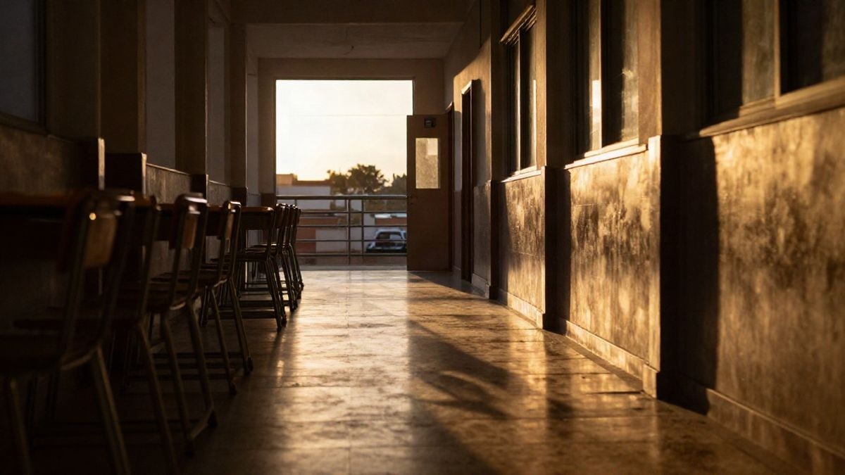 Imagen ilustrativa: pasillo escolar vacío con siluetas y sombras largas al atardecer