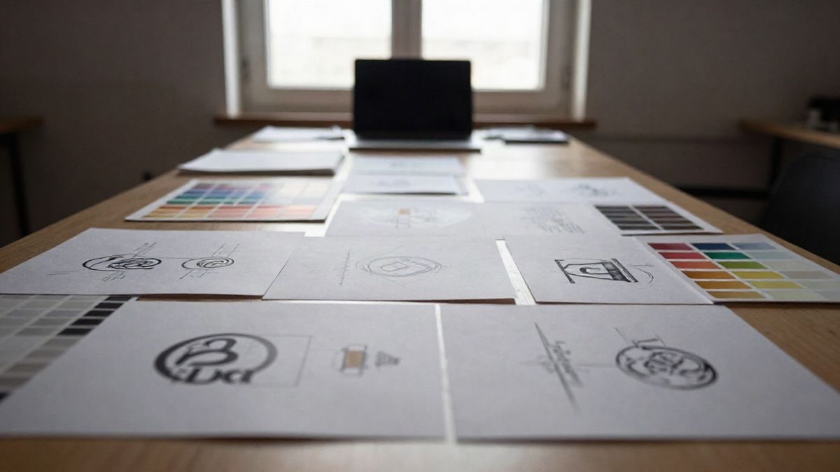 Imagen ilustrativa: mesa de estudio de diseño gráfico con bocetos impresos y muestras de color bajo luz natural