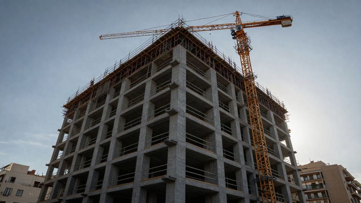 Imagen ilustrativa: edificio residencial en construcción con andamios y grúa en una ciudad española