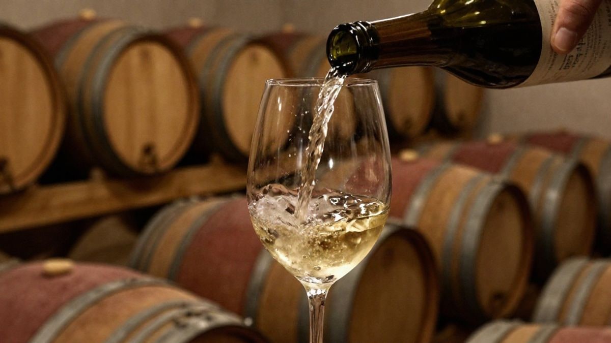 Imagen ilustrativa: copa de vino blanco en una bodega con barricas de madera al fondo