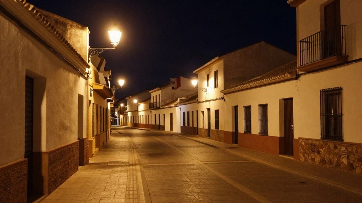 Imagen ilustrativa: una calle de un municipio costero andaluz de noche iluminada por farolas