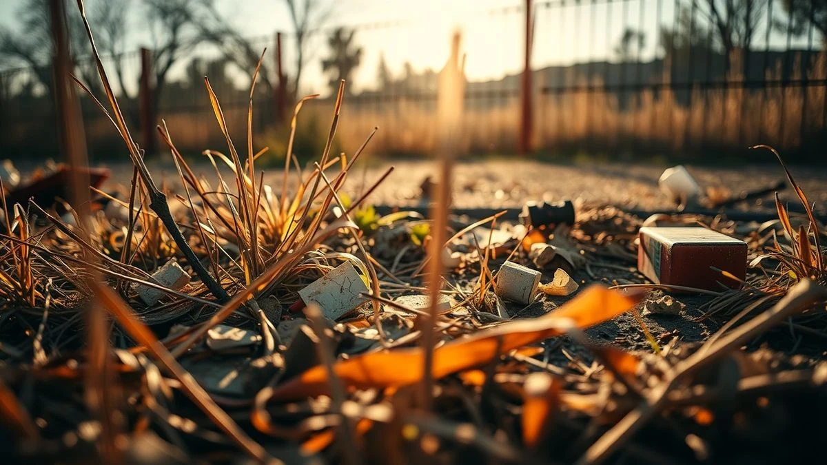 Imagen ilustrativa: detalle de maleza seca y basura en un solar abandonado, con una valla oxidada al fondo bajo una luz de atardecer.