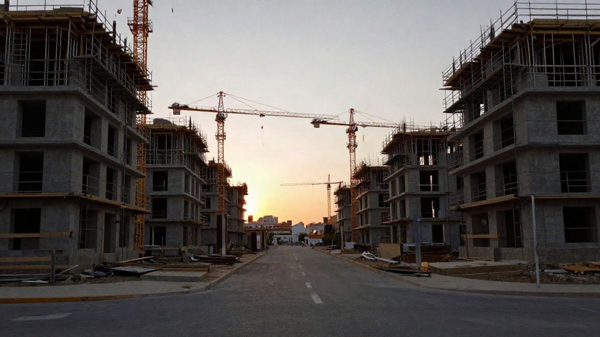 Imagen ilustrativa: gran angular de bloques de viviendas en construcción con grúas al atardecer