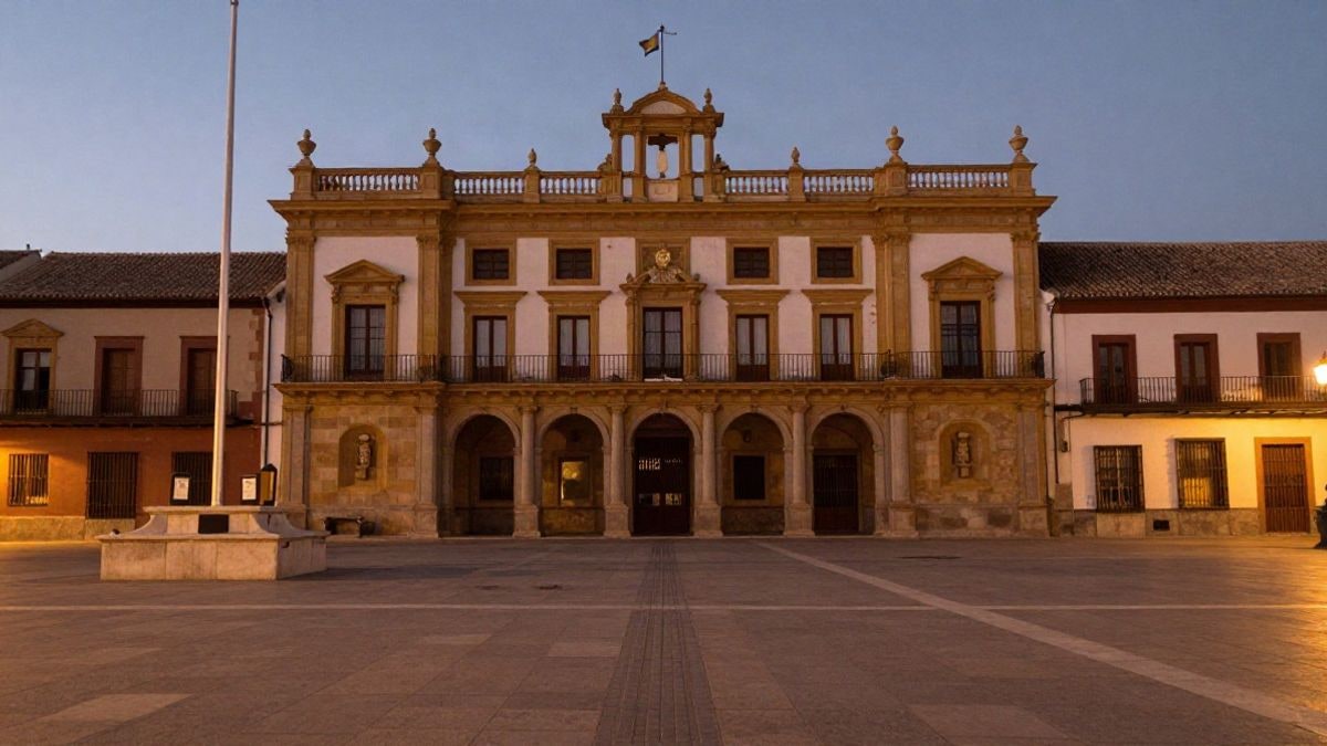 Imagen ilustrativa: plaza de un ayuntamiento español al atardecer, con columnas y una asta vacía
