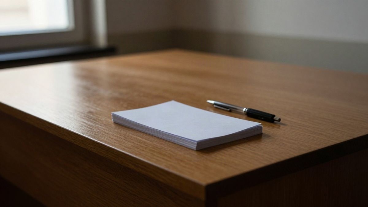 Imagen ilustrativa: mesa de madera en un despacho con entradas de papel en blanco y luz de ventana lateral