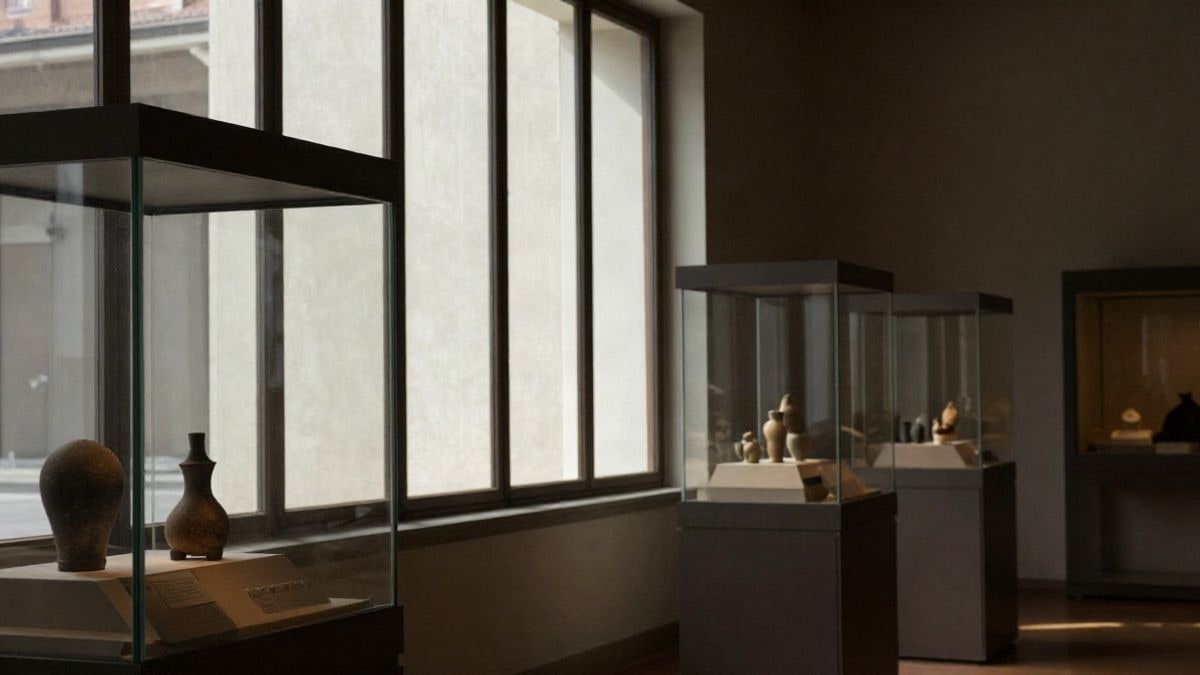 Imagen ilustrativa: sala de museo con vitrinas arqueológicas iluminada por luz lateral de ventana