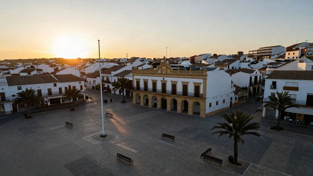 Imagen ilustrativa: vista aérea de una plaza de pueblo costero al atardecer, con un edificio consistorial y bancos vacíos
