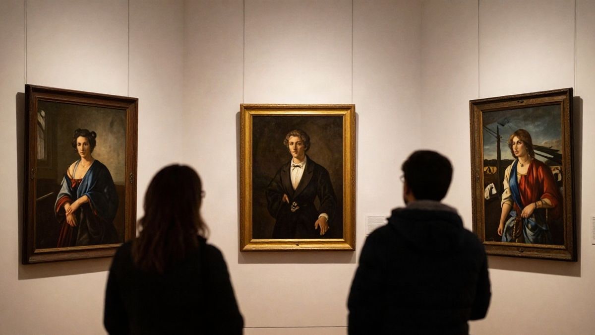 Imagen ilustrativa: sala de exposiciones con cuadros y fotografías colgados en paredes blancas, iluminados con focos cálidos.