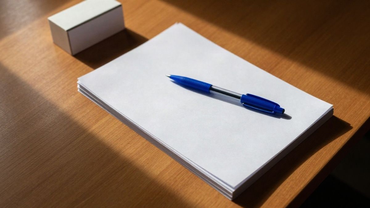 Imagen ilustrativa: mesa de madera con un montón de hojas blancas, un bolígrafo azul y una urna pequeña bajo luz natural