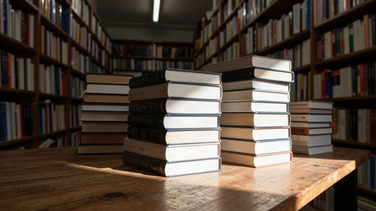 Imagen ilustrativa: pila de libros cerrados sobre una mesa de madera en una librería con estanterías al fondo