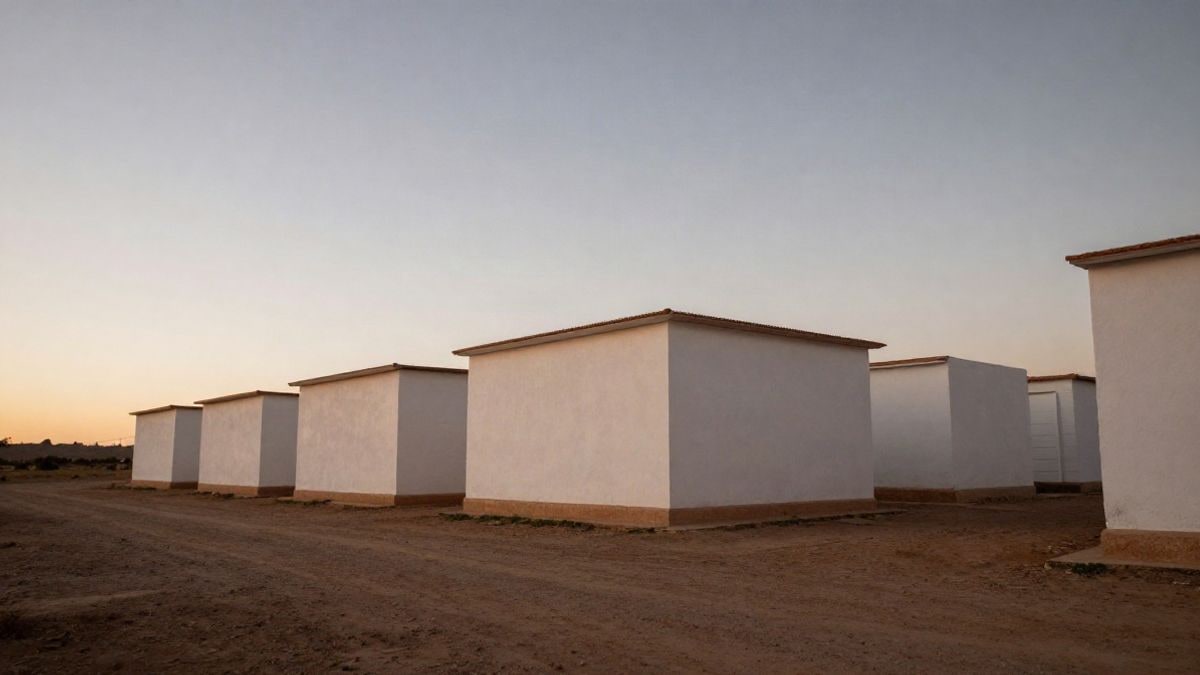 Imagen ilustrativa: módulos de alojamiento rurales vistos desde el suelo con cielo al atardecer