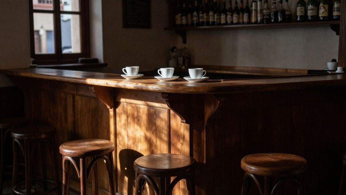 Imagen ilustrativa: interior de un bar tradicional español con barra de madera y luz de ventana lateral