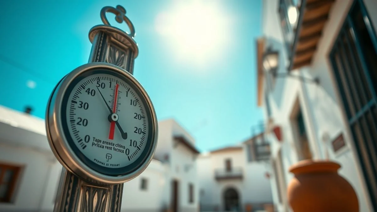 Imagen ilustrativa: termómetro marcando 35 grados centígrados al sol con cielo azul de fondo