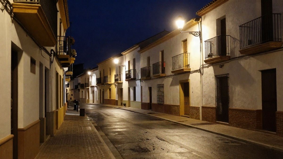 Imagen ilustrativa: calle residencial de noche con luz artificial de farolas y pavimento húmedo