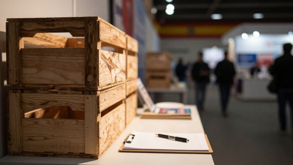 Imagen ilustrativa: cajas de frutos rojos apiladas en un stand de feria con un portapapeles sobre la mesa