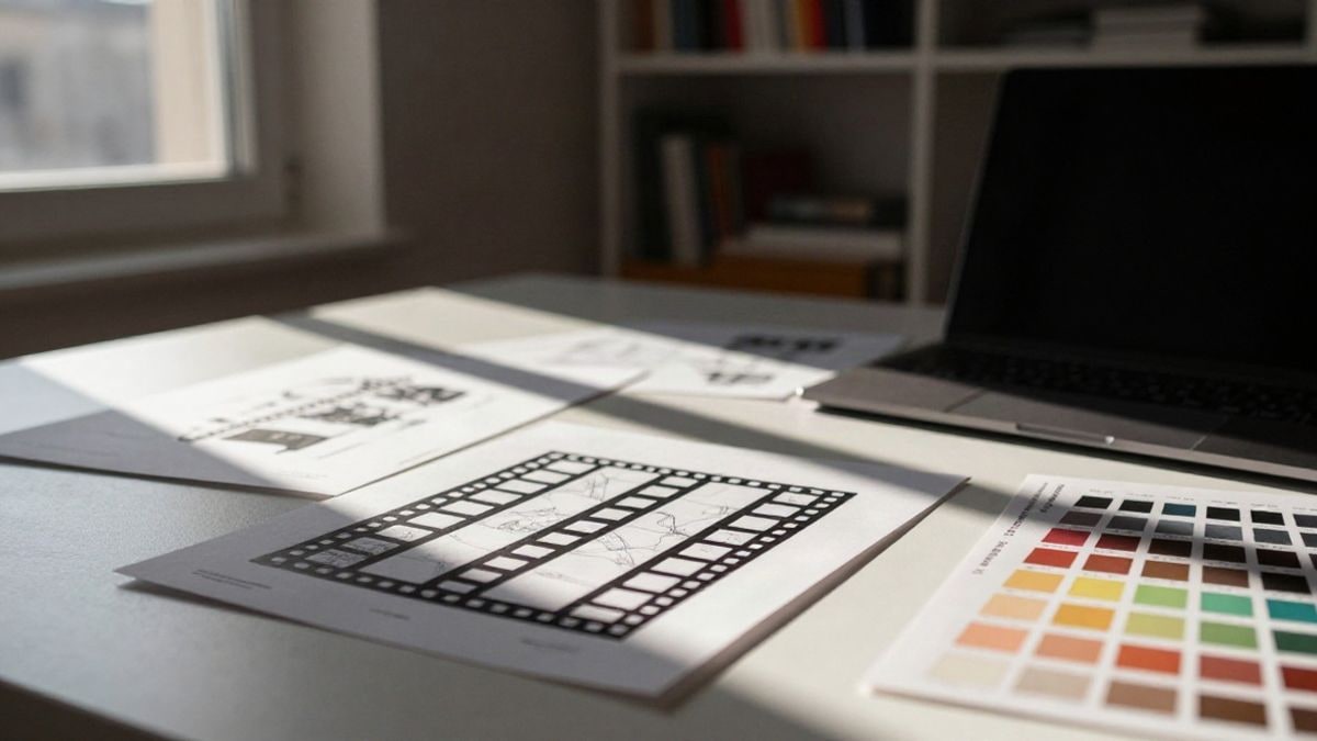 Imagen ilustrativa: mesa de trabajo de un diseñador gráfico con bocetos de carteles y muestras de color junto a una ventana