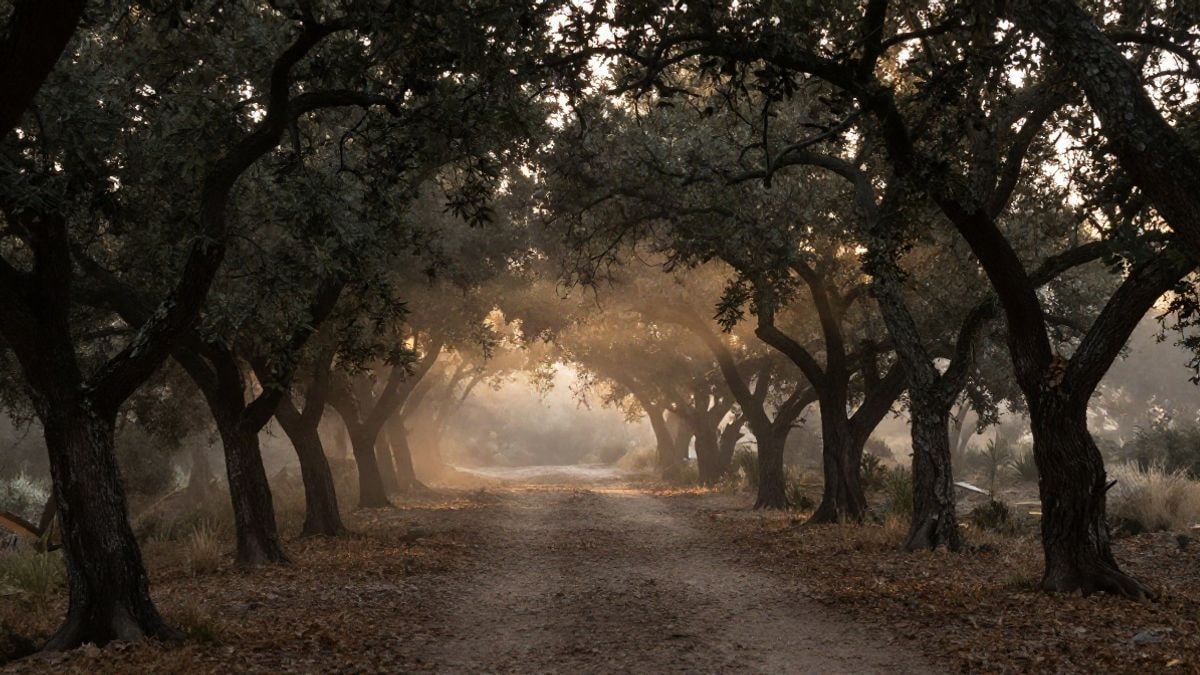 Imagen ilustrativa: bosque mediterráneo de encinas y castaños al amanecer con niebla suave entre los troncos