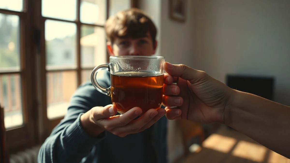 Mano anciana con taza de té y fondo desenfocado de voluntario